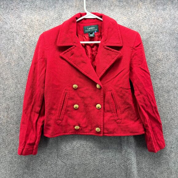 Lauren Ralph Lauren Jacket Women 6 Red Double Breasted Peacoat Blazer Gold - Picture 1 of 11